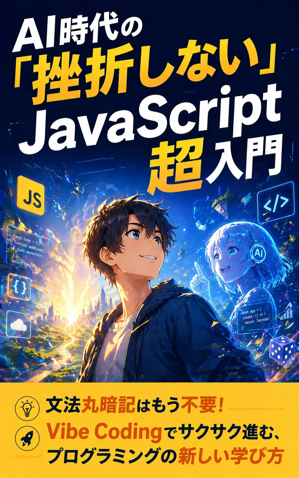 『AI時代の「挫折しない」JavaScript超入門: 文法丸暗記はもう不要!Vibe Codingでサクサク進む、プログラミングの新しい学び方』の表紙